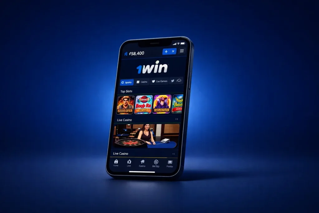 1win India mobile app advertisement featuring a modern smartphone screen showing the 1win platform interface with ₹58,400 balance, sections for Top Slots (games like Boob Ra, Hook of Ra), Live Casino preview with dealer at roulette table, navigation tabs (Home, Casino, Bet Slip, Profile), set against a deep blue gradient background with subtle glowing effects